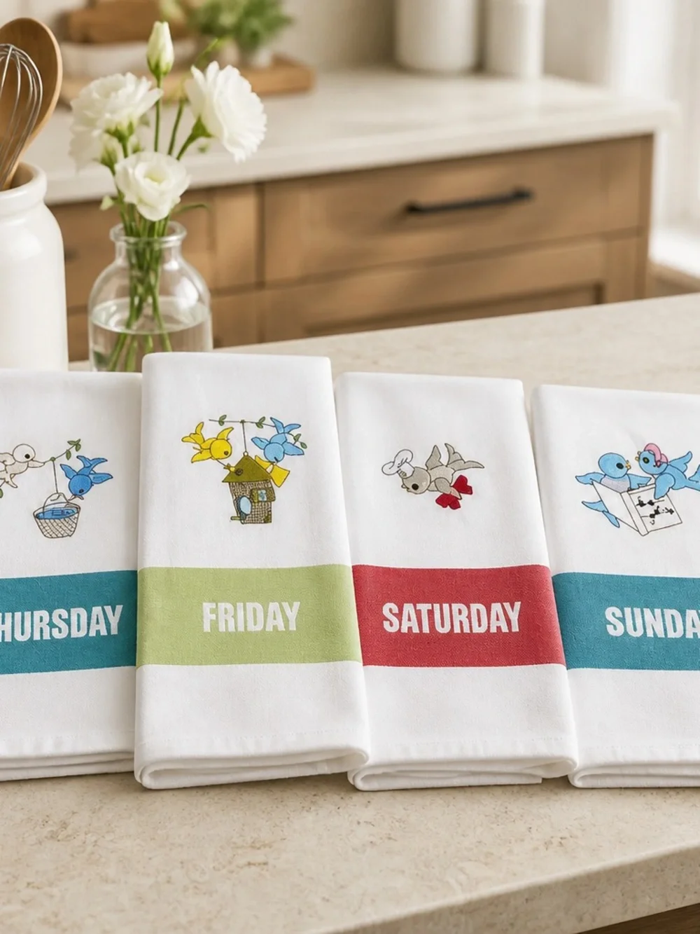 Set of 7 Days of the Week Embroidered Tea Towels‎ - Multicolor
